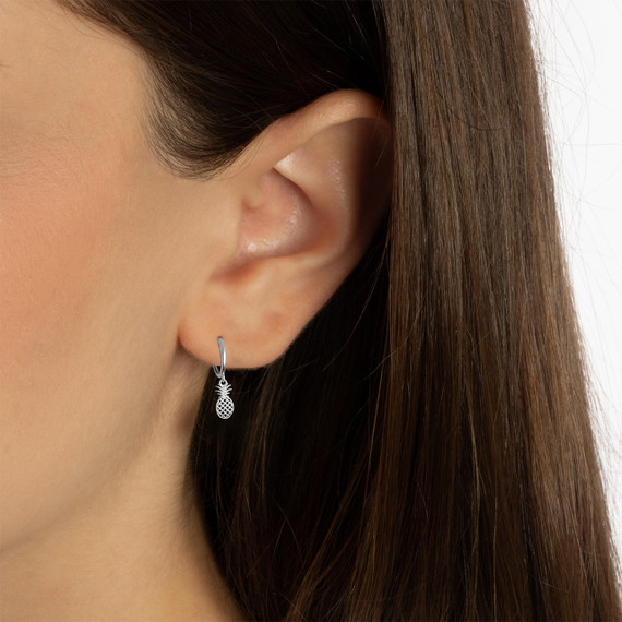 .925 Sterling Silver Pineapple Tropical Fruit Drop Huggie Hoop Earrings on female model