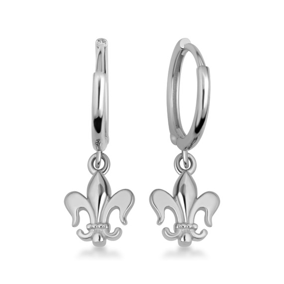 .925 Sterling Silver Fleur-de-Lis French Drop Huggie Hoop Earrings