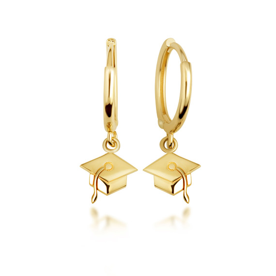 Yellow Gold Graduation Cap Drop Huggie Hoop Earrings