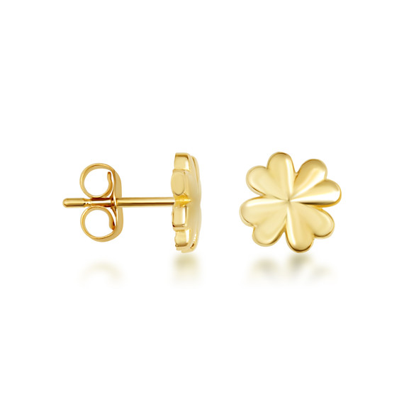 Yellow Gold Lucky Irish 4 Leaf Clover Stud Earrings