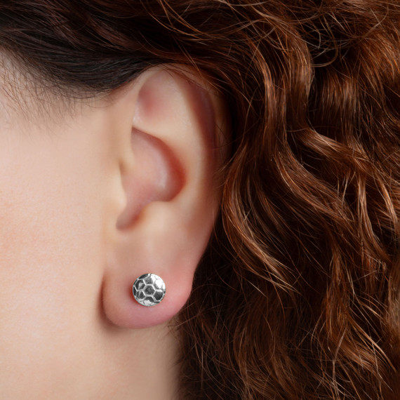 .925 Sterling Silver Soccer Ball Athletic Sports Stud Earrings on female model