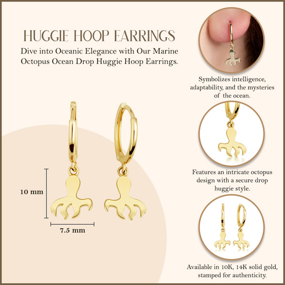 Yellow Gold Marine Octopus Ocean Drop Huggie Hoop Earrings with measurements