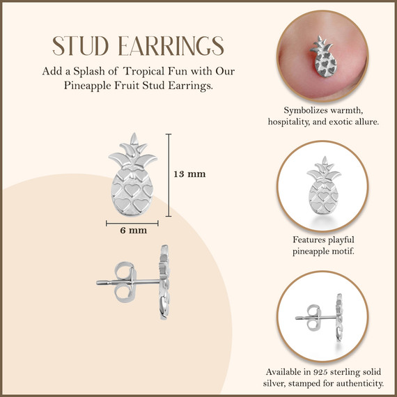 925 Sterling Silver Pineapple Fruit Stud Earrings with measurements