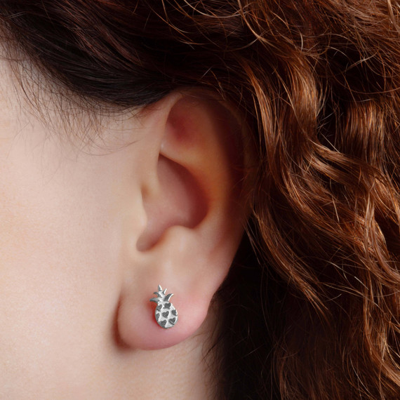 925 Sterling Silver Pineapple Fruit Stud Earrings on female model