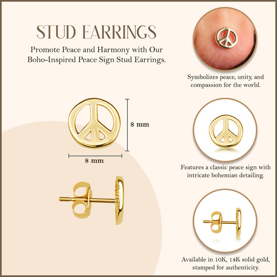 Yellow Gold Peace Sign Boho Stud Earrings measurement