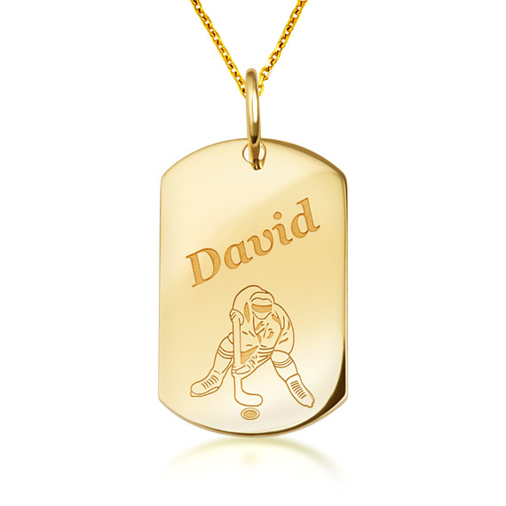 Yellow Gold Engravable Hockey Player Sports Dog Tag Pendant Necklace