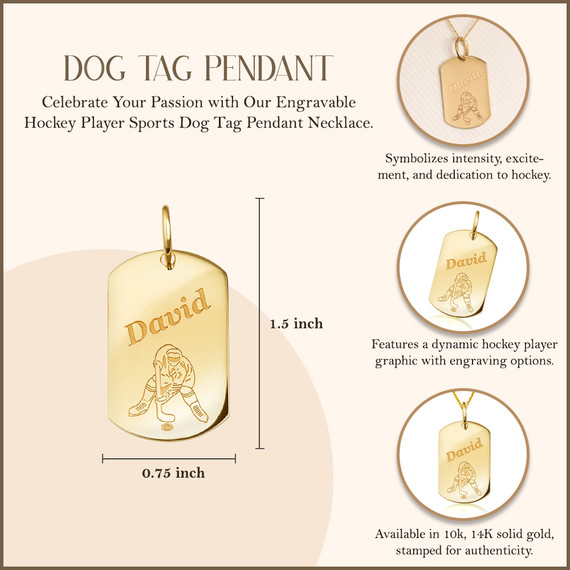 Yellow Gold Engravable Hockey Player Sports Dog Tag Pendant measurement