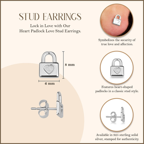 .925 Sterling Silver Heart Padlock Love Stud Earrings with measurements 
