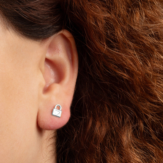 .925 Sterling Silver Heart Padlock Love Stud Earrings on female model