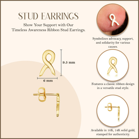 Yellow Gold Awareness Ribbon Stud Earrings with measurements 