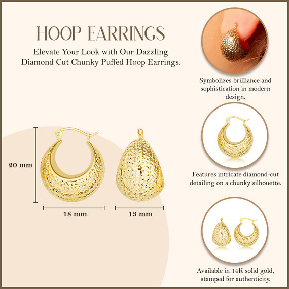 Yellow Gold Diamond Cut Chunky Puffed Hoop Earrings with measurements
