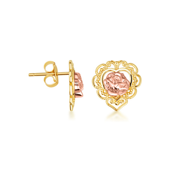 Two-Tone Gold Rose Flower Filigree Heart Stud Earrings