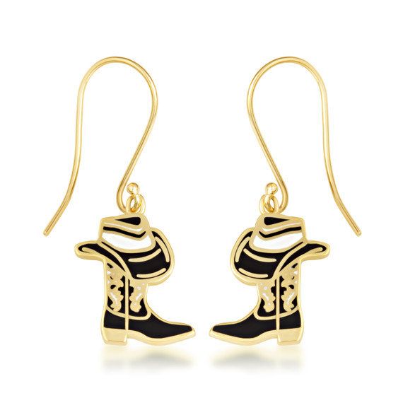 Yellow Gold Enamel Cowboy Hat Boots Western Leverback Earrings