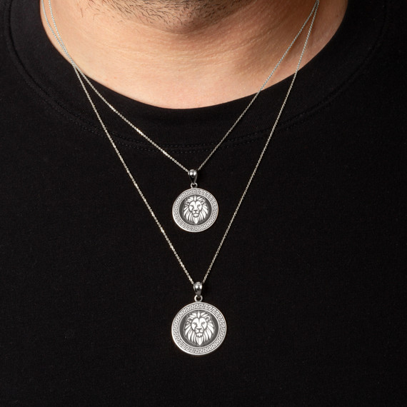 .925 Sterling Silver Lion Head Greek Key Medallion Pendant Necklace (Available in Small & Large)