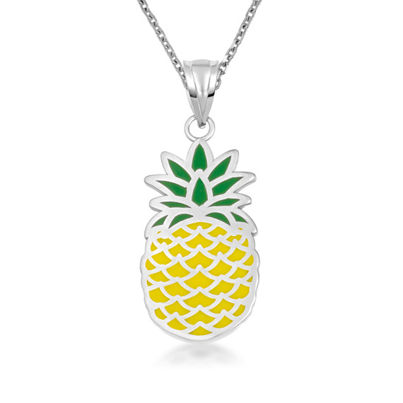 White Gold Enamel Pineapple Fruit Pendant Necklace