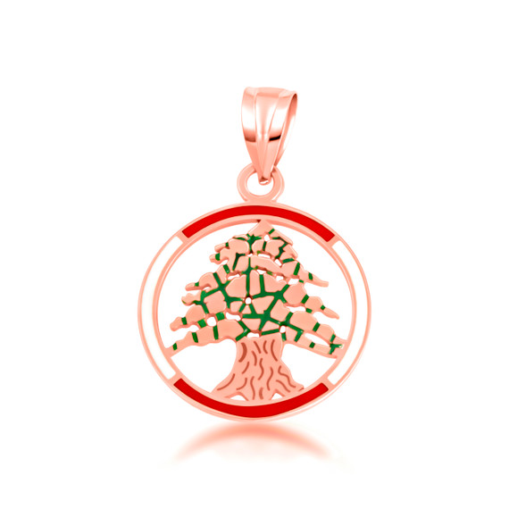 Rose Gold Enamel Cedar Tree of Lebanon Circle Pendant