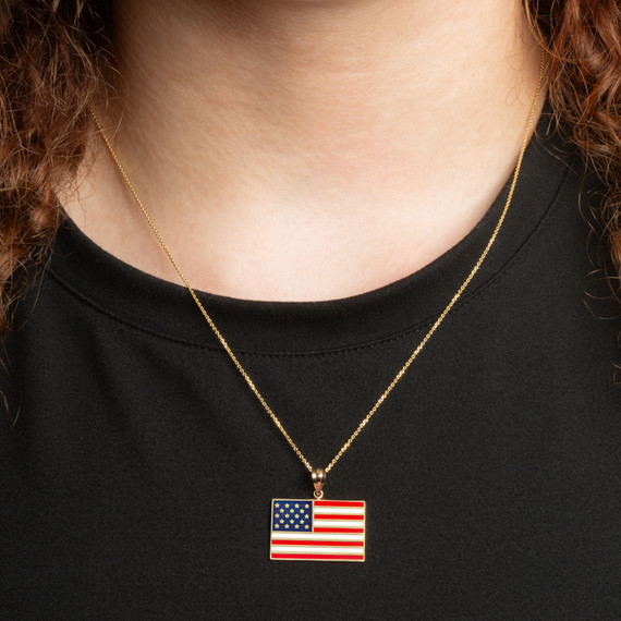 Yellow Gold Enamel American Flag Pendant Necklace on female model
