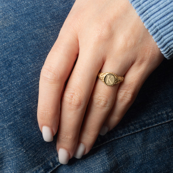 Yellow Gold Engravable Initial Letter A-Z Art Deco Signet Ring on female model