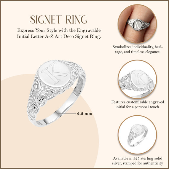 Silver Custom Initial A-Z Art Deco Signet Ring measurement