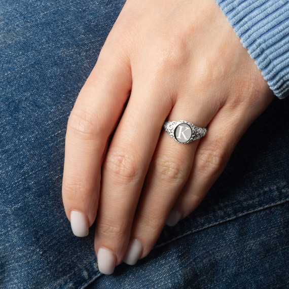 Silver Custom Initial A-Z Art Deco Signet Ring on female model