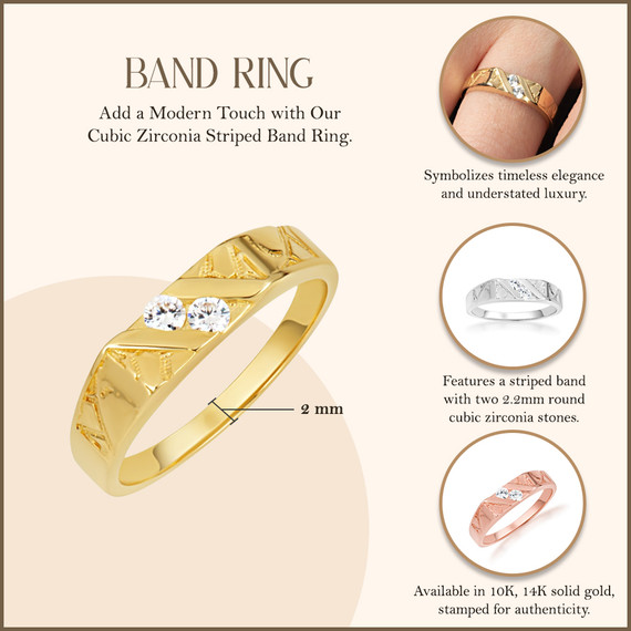 Yellow Gold Cubic Zirconia Striped Band Ring with measurements