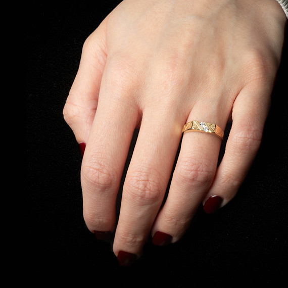 Yellow Gold Cubic Zirconia Striped Band Ring on female model