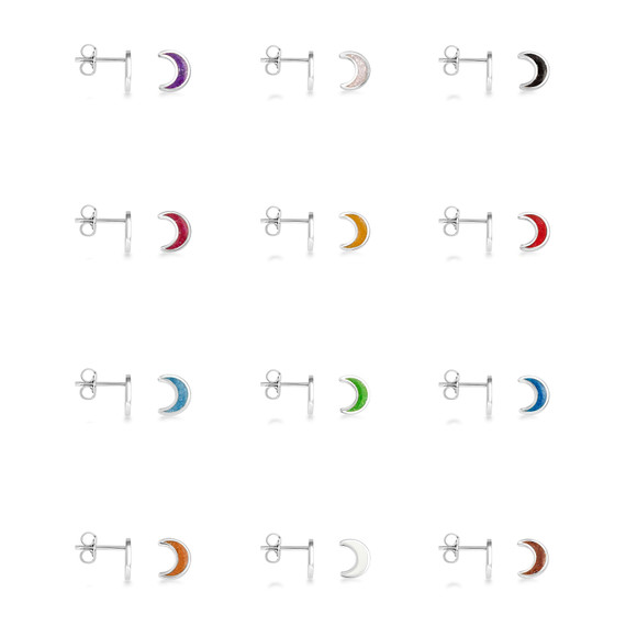 .925 Sterling Silver Custom Enamel Moon Stud Earrings