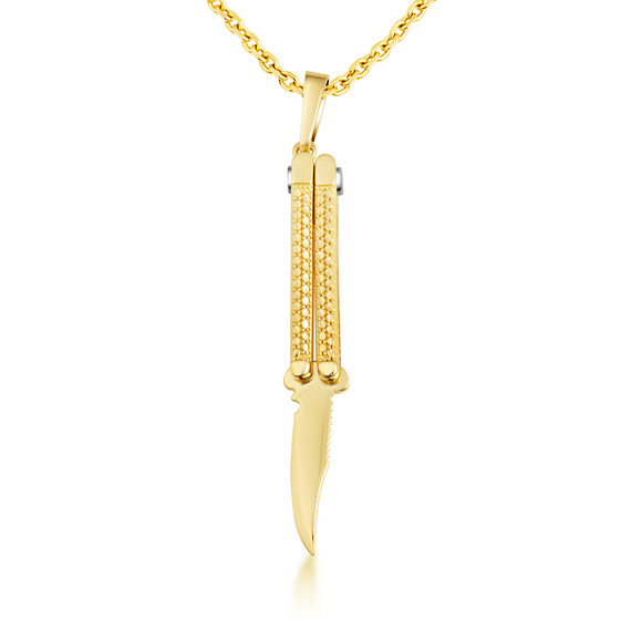 Yellow Gold Diamond Cut Pocket Knife Switchblade Pendant Necklace