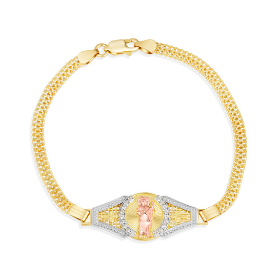 14K Tri-Color Gold 6.5" San Judas Cuban Link Bracelet with Cubic Zirconia