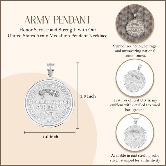 .925 Sterling Silver United States Army Medallion Pendant Necklace with measurements