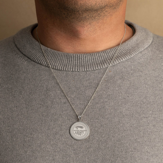.925 Sterling Silver United States Army Medallion Pendant Necklace on male model