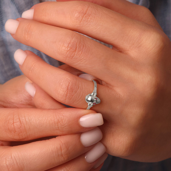 Silver Skull Ring with Red Cubic Zirconia