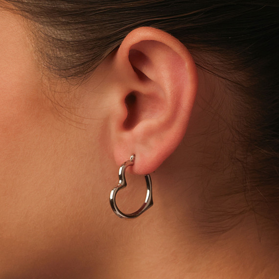 10K White Gold High Polished Heart Hoop Earrings