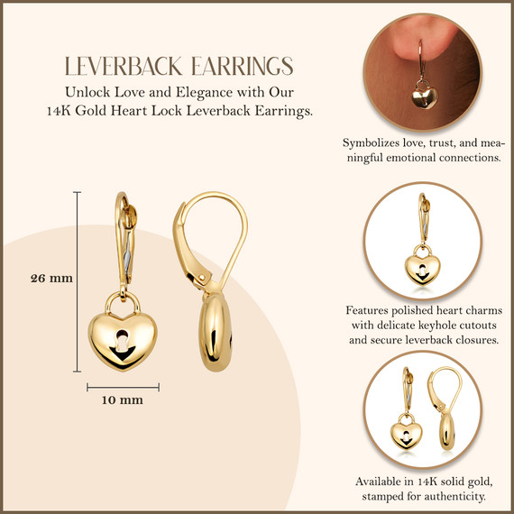 14K Gold Heart Lock Leverback Earrings 14K Gold Heart Lock Leverback Earrings