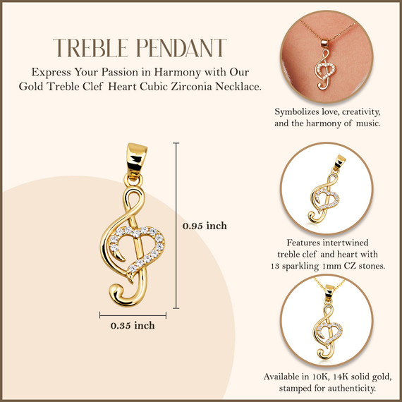Gold Treble Clef Heart Necklace with Cubic Zirconia