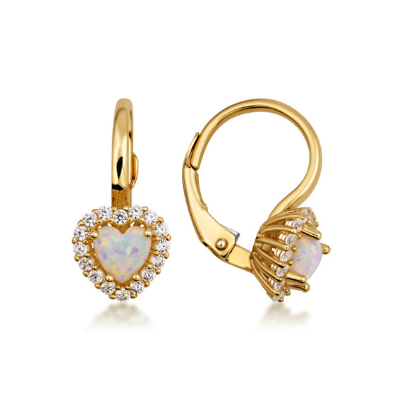 14K Gold Heart Opal Birthstone Leverback Earrings with Cubic Zirconia