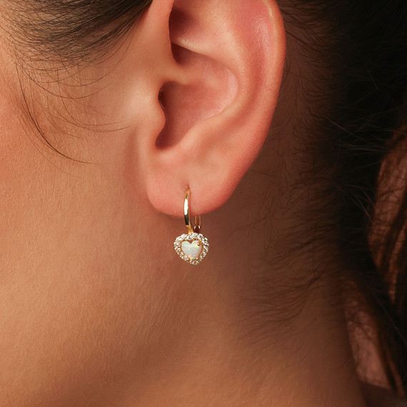 14K Gold Heart Opal Birthstone Leverback Earrings with Cubic Zirconia