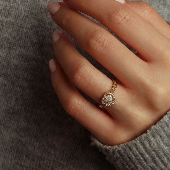 10K/14K Yellow Gold Pave Heart Chain Link Ring