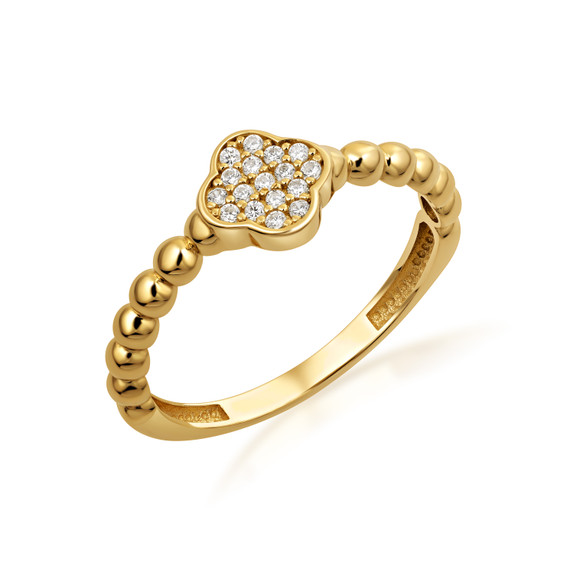 10K/14K Yellow Gold Beaded CZ Clover Ring