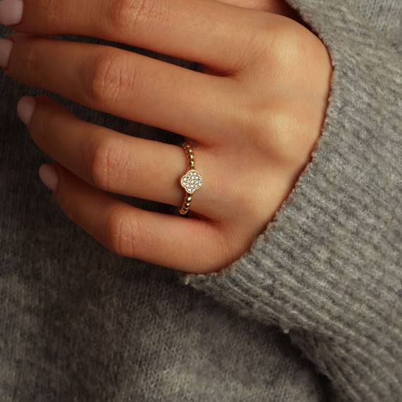 10K/14K Yellow Gold Beaded CZ Clover Ring