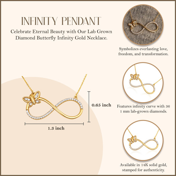 14K Solid Gold Lab Grown Diamond Butterfly Infinity Necklace