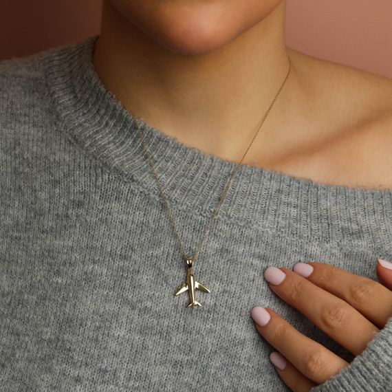 10K/14K Solid Gold Airplane Pendant Necklace 