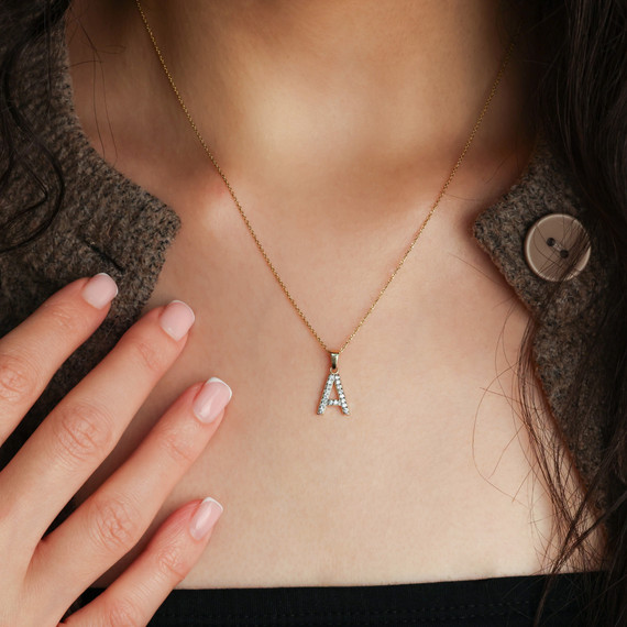 Yellow Gold Letter "A-Z" Initial Lab Grown Diamond Monogram Pendant Necklace 