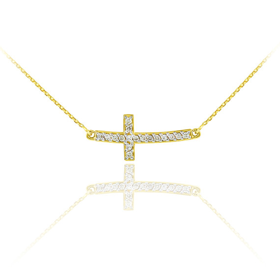 Gold Diamond Sideways Cross Pendant Necklace