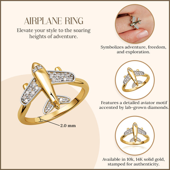 10K/14K Solid Gold Lab Grown Diamond Aviator Airplane Ring