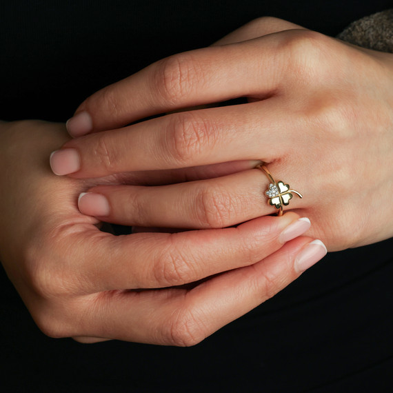 10K/14K Solid Gold Lab Grown Diamond 4 Leaf Lucky Heart Clover Ring