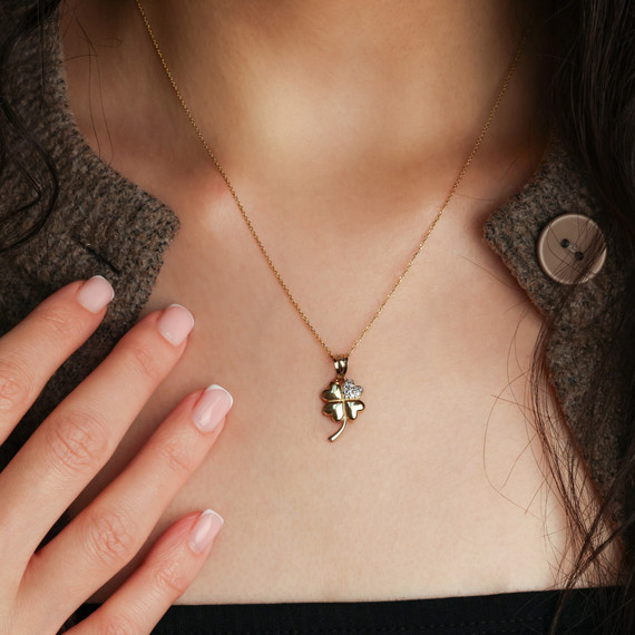 10K/14K Solid Gold Lab Grown Diamond 4 Leaf Lucky Clover Pendant Necklace