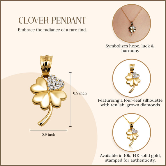 10K/14K Solid Gold Lab Grown Diamond 4 Leaf Lucky Clover Pendant Necklace
