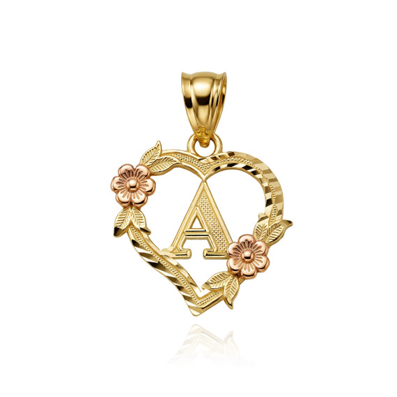 Two-Tone Gold Letter "A-Z" Initial Flower Heart Monogram Pendant Necklace 