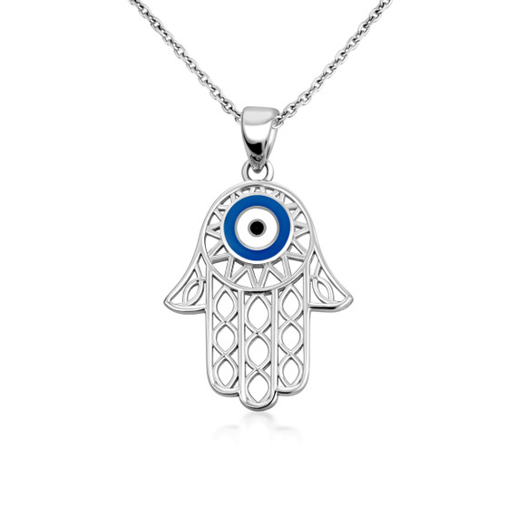 Silver Enamel Evil Eye Hamsa Pendant Necklace | Factory Direct Jewelry